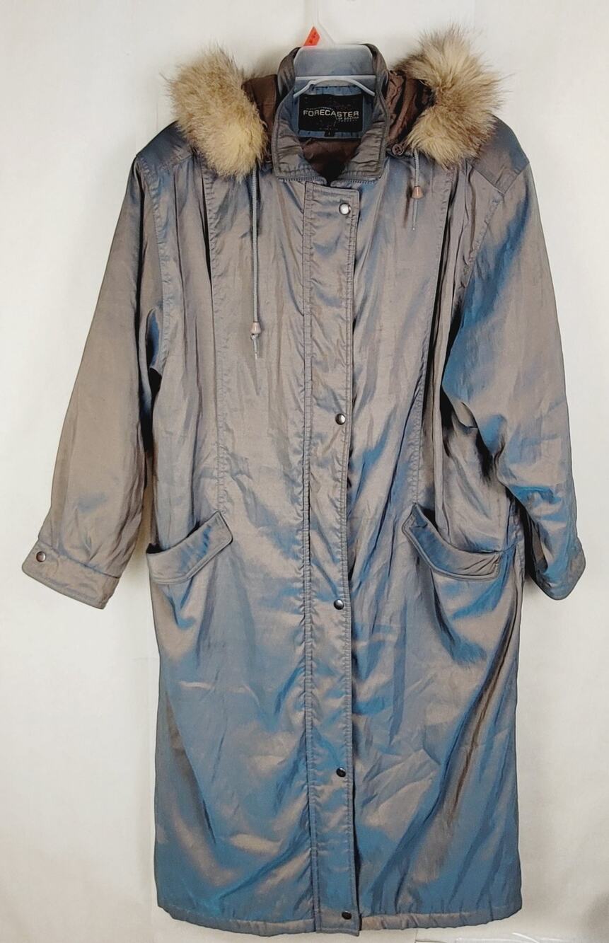 Vintage Forecaster of Boston grey iridescent nylon trench Large fur lined hood